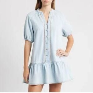 Ways Women's Button-Up Joan Denim Mini Dress Short Sleeve Blue Size M